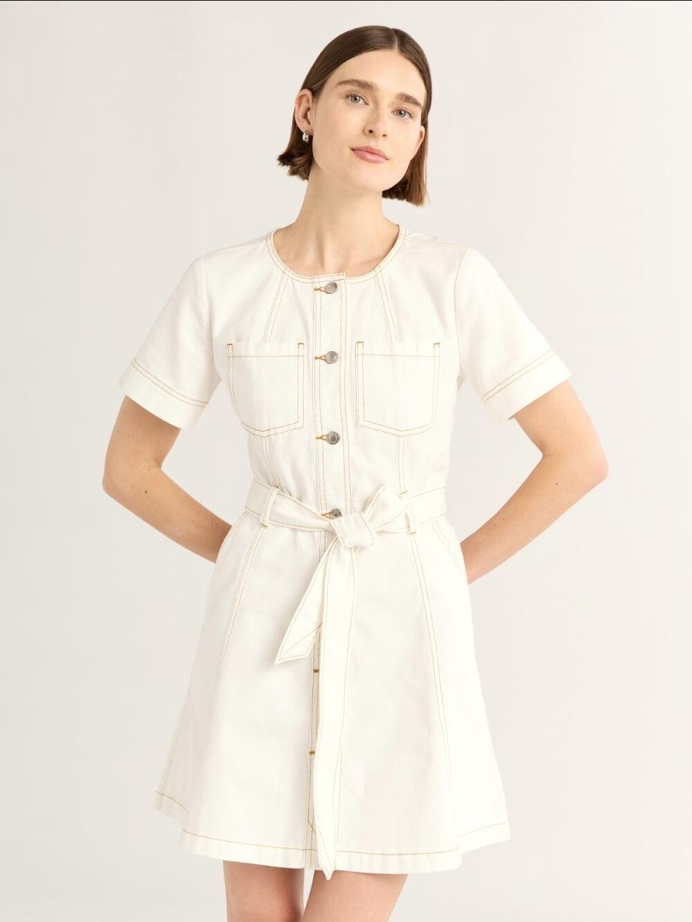 NEW! Free Assembly Women's M Denim Cream Mini Dress Waist Tie Short-Sleeve